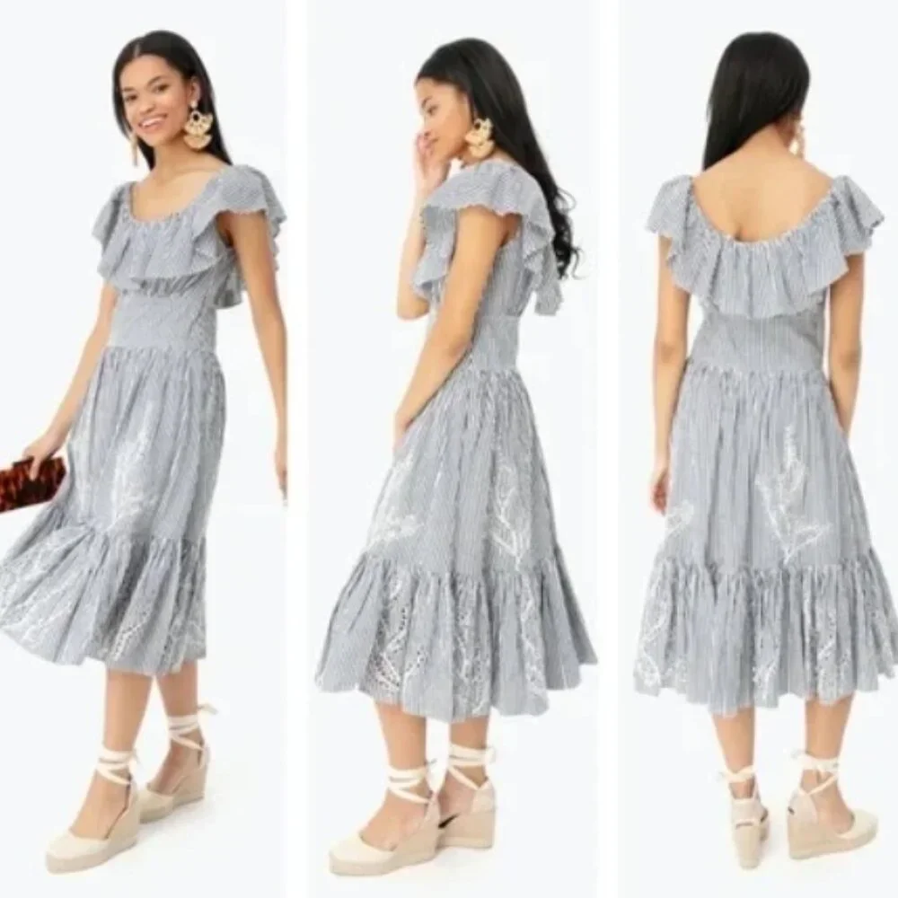 NWOT Tory Burch Summer 2019 Runway Stripe Eyelet Embroidered Maxi Dress S $548